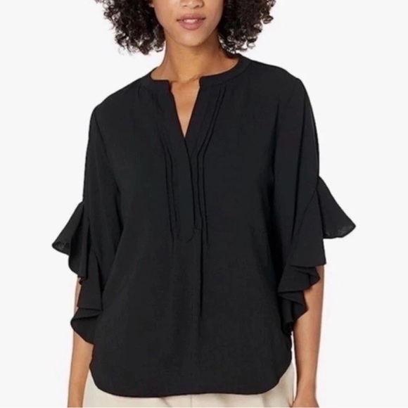 Vince Camuto Tops - Vince Camuto Women's Split Button Neck Ruffle 3/4 Sleeve Black Blouse Size M